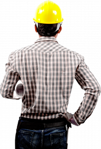 técnico de obra civil de espaldas con casco y planos